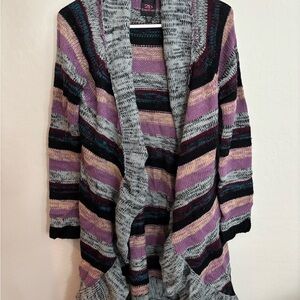 bebe Striped Open-Front Cardigan in Purple, Gray and Black
